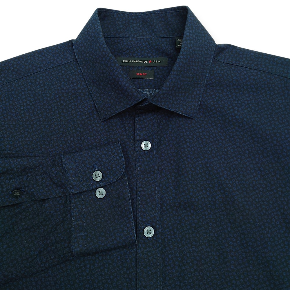 John Varvatos Men 15.5 32/33 Blue Floral Slim Fit Long Sleeve Dress Shirt